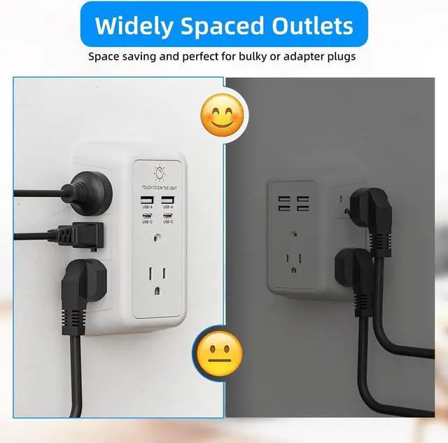 Alt view image 5 of 7 - Wall Charger Surge Protector, Outlet Extender with Night Light, USB Wall Charger with 2 USB C and 2 USB Ports, 3-Sided Power Strip with Adapter Spaced Outlets for Home Office Travel, ETL Certified