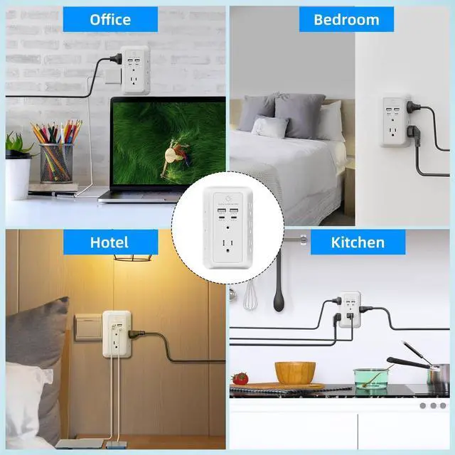 Alt view image 6 of 7 - Wall Charger Surge Protector, Outlet Extender with Night Light, USB Wall Charger with 2 USB C and 2 USB Ports, 3-Sided Power Strip with Adapter Spaced Outlets for Home Office Travel, ETL Certified