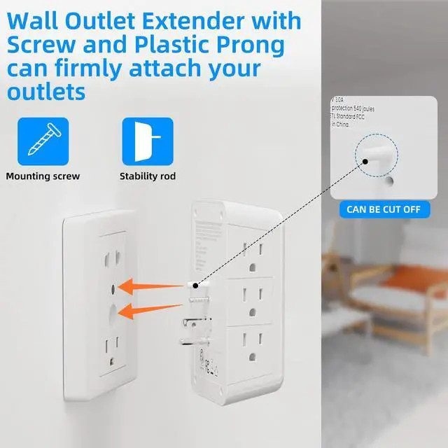 Alt view image 7 of 7 - Wall Charger Surge Protector, Outlet Extender with Night Light, USB Wall Charger with 2 USB C and 2 USB Ports, 3-Sided Power Strip with Adapter Spaced Outlets for Home Office Travel, ETL Certified