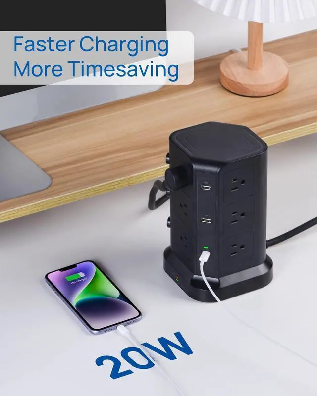 Alt view image 3 of 7 - KOOSLA Dual 20W USB-C Power Strip Tower, Surge Protector Power Strip, Power Tower with USB Ports and Widely Spaced AC Outlets,1875W/15A, Charging Tower with 6.5ft Heavy-Duty Extension Cord Black