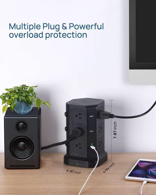Alt view image 4 of 7 - KOOSLA Dual 20W USB-C Power Strip Tower, Surge Protector Power Strip, Power Tower with USB Ports and Widely Spaced AC Outlets,1875W/15A, Charging Tower with 6.5ft Heavy-Duty Extension Cord Black