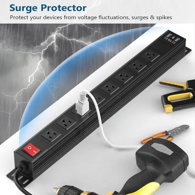 Alt view image 2 of 7 - 8 Outlet Heavy Duty Power Strip with USB PD 20W, BTU Surge Protector 6FT Cord Long Power Strip with USB A & USB C, Wide Spaced and Wall Mount Metal Powerstrip for Home Office Garage Workshop