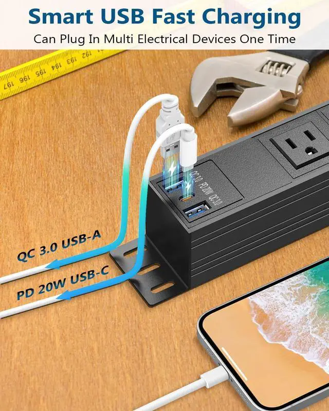 Alt view image 3 of 7 - 8 Outlet Heavy Duty Power Strip with USB PD 20W, BTU Surge Protector 6FT Cord Long Power Strip with USB A & USB C, Wide Spaced and Wall Mount Metal Powerstrip for Home Office Garage Workshop