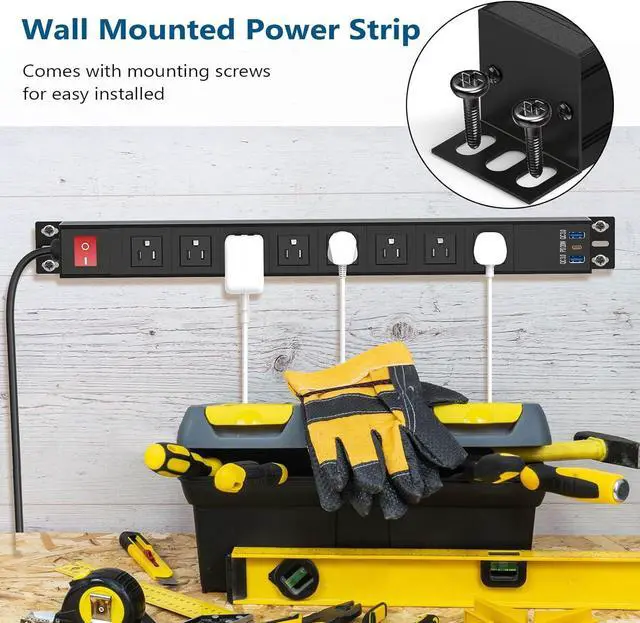 Alt view image 4 of 7 - 8 Outlet Heavy Duty Power Strip with USB PD 20W, BTU Surge Protector 6FT Cord Long Power Strip with USB A & USB C, Wide Spaced and Wall Mount Metal Powerstrip for Home Office Garage Workshop