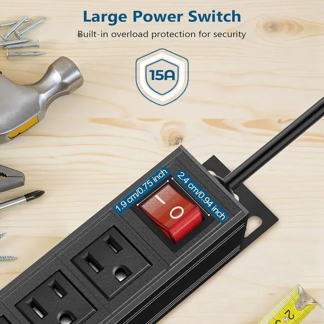 Alt view image 5 of 7 - 8 Outlet Heavy Duty Power Strip with USB PD 20W, BTU Surge Protector 6FT Cord Long Power Strip with USB A & USB C, Wide Spaced and Wall Mount Metal Powerstrip for Home Office Garage Workshop