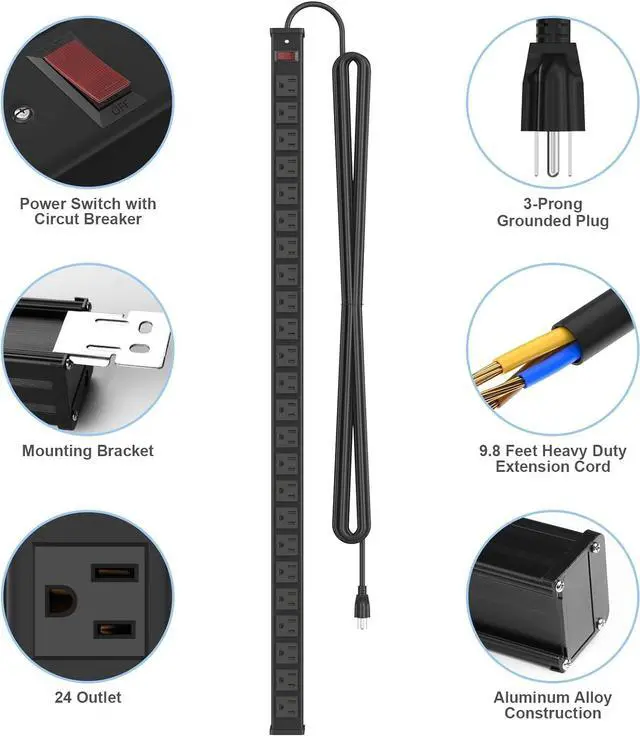 Alt view image 2 of 7 - 24 Outlet Metal Power Strip, Extra Long Heavy Duty Power Strip with 10FT Extension Cord, Mountable Power Strip for Warehouse Garage Workench, ETL Listed, Black