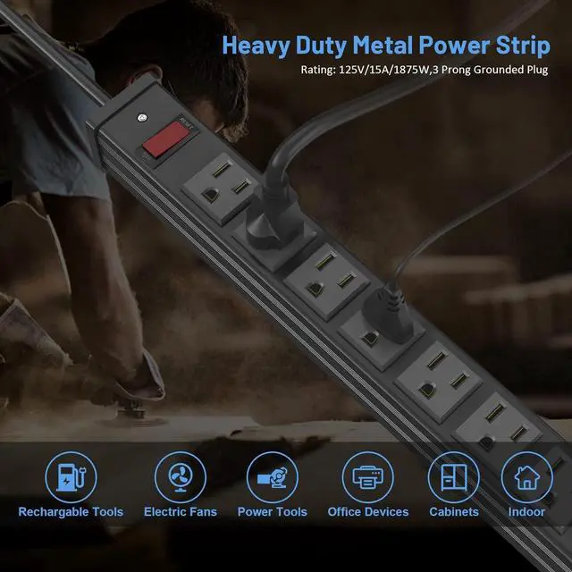 Alt view image 3 of 7 - 24 Outlet Metal Power Strip, Extra Long Heavy Duty Power Strip with 10FT Extension Cord, Mountable Power Strip for Warehouse Garage Workench, ETL Listed, Black
