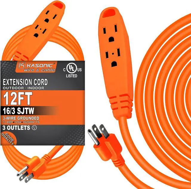 Main image of K KASONIC - 12-Feet 3 Outlet Extension Cord, UL Listed, 16/3 SJTW 3-Wire Grounded, 13 Amp 125 V 1625 Watts, Multi-Outlet Indoor/Outdoor Use, Orange