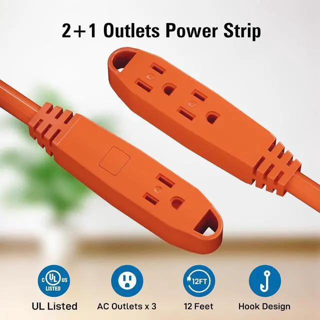 Alt view image 3 of 7 - K KASONIC - 12-Feet 3 Outlet Extension Cord, UL Listed, 16/3 SJTW 3-Wire Grounded, 13 Amp 125 V 1625 Watts, Multi-Outlet Indoor/Outdoor Use, Orange