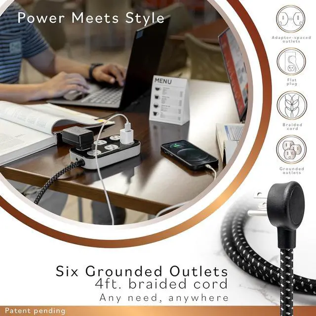 Alt view image 2 of 6 - Cordinate Adapt 6 Widely Spaced Multiple Outlets Power Strip Surge Protector Braided 4 ft Extension Cord Flat Plug Electrical Extender for School Dorm Room Home Office 500 Joules, Black, 78846