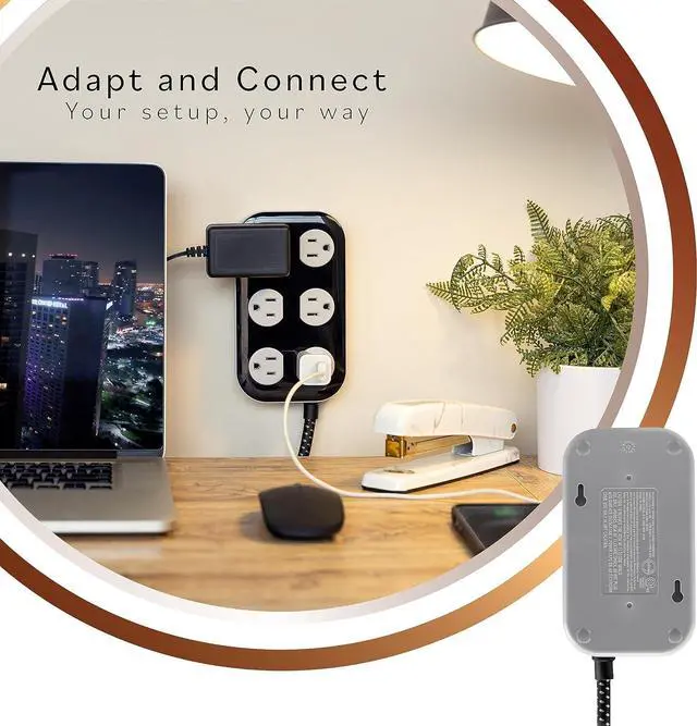 Alt view image 5 of 6 - Cordinate Adapt 6 Widely Spaced Multiple Outlets Power Strip Surge Protector Braided 4 ft Extension Cord Flat Plug Electrical Extender for School Dorm Room Home Office 500 Joules, Black, 78846
