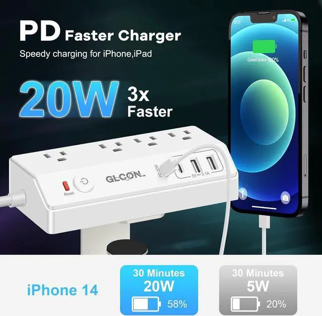 Alt view image 3 of 7 - Desk Clamp Power Strip with USB C (20W PD) - Removable Surge Protector with 4 Outlet 4 USB Ports - Multi Outlet Plug Edge Mount Desktop Power Station Charging Hub - Home Office Desk Accessories