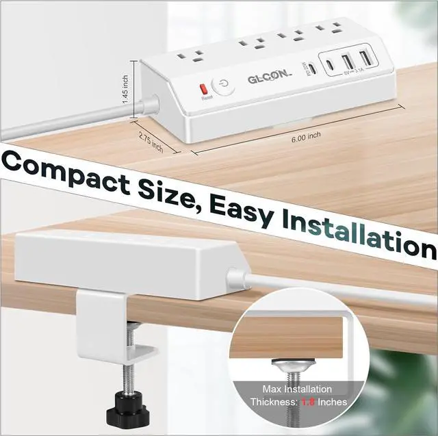 Alt view image 4 of 7 - Desk Clamp Power Strip with USB C (20W PD) - Removable Surge Protector with 4 Outlet 4 USB Ports - Multi Outlet Plug Edge Mount Desktop Power Station Charging Hub - Home Office Desk Accessories