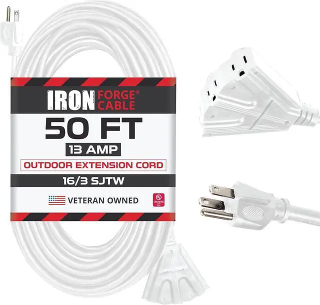 Main image of Iron Forge Cable 50 Ft Extension Cord 3 Outlets 3 Prong,16/3 Weatherproof White Extension Cord with Multiple Outlets 50 Foot, 13 Amp SJTW Outlet Extender Cord for Indoor & Outdoor Lights Decoration