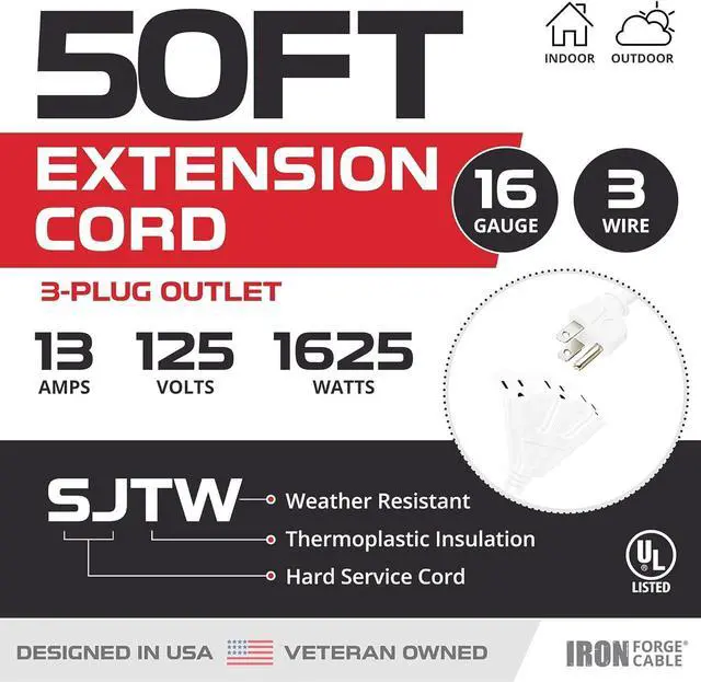 Alt view image 2 of 5 - Iron Forge Cable 50 Ft Extension Cord 3 Outlets 3 Prong,16/3 Weatherproof White Extension Cord with Multiple Outlets 50 Foot, 13 Amp SJTW Outlet Extender Cord for Indoor & Outdoor Lights Decoration