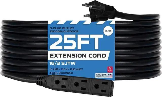 Main image of Iron Forge Cable 3 Outlet Power Strip Outdoor Extension Cord 25 ft, 16/3 Heavy Duty Black Extension Cord with Multiple Outlets 3 Prong, Weatherproof Power Cable Multi Plugs for Outside, Lamp & Office