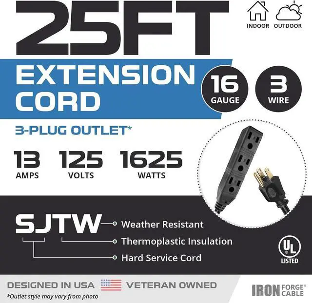 Alt view image 2 of 6 - Iron Forge Cable 3 Outlet Power Strip Outdoor Extension Cord 25 ft, 16/3 Heavy Duty Black Extension Cord with Multiple Outlets 3 Prong, Weatherproof Power Cable Multi Plugs for Outside, Lamp & Office