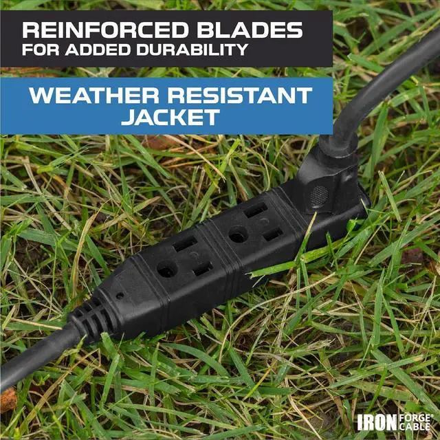 Alt view image 4 of 6 - Iron Forge Cable 3 Outlet Power Strip Outdoor Extension Cord 25 ft, 16/3 Heavy Duty Black Extension Cord with Multiple Outlets 3 Prong, Weatherproof Power Cable Multi Plugs for Outside, Lamp & Office