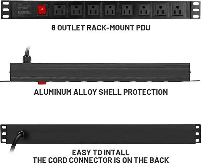 Alt view image 6 of 7 - BTU Power Strip Surge Protector Rack-Mount PDU, 8 Right Angle Outlets Wide-Spaced, Mountable Power Strip Heavy Duty for Server Racks, Commercial, 300J (Black 10FT)