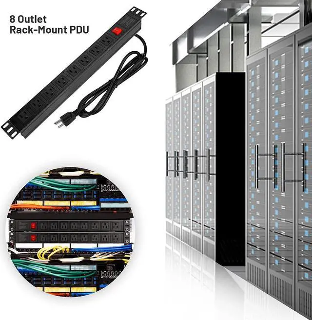 Alt view image 4 of 7 - BTU Power Strip Surge Protector Rack-Mount PDU, 8 Right Angle Outlets Wide-Spaced, Mountable Power Strip Heavy Duty for Server Racks, Commercial, 300J (Black 10FT)