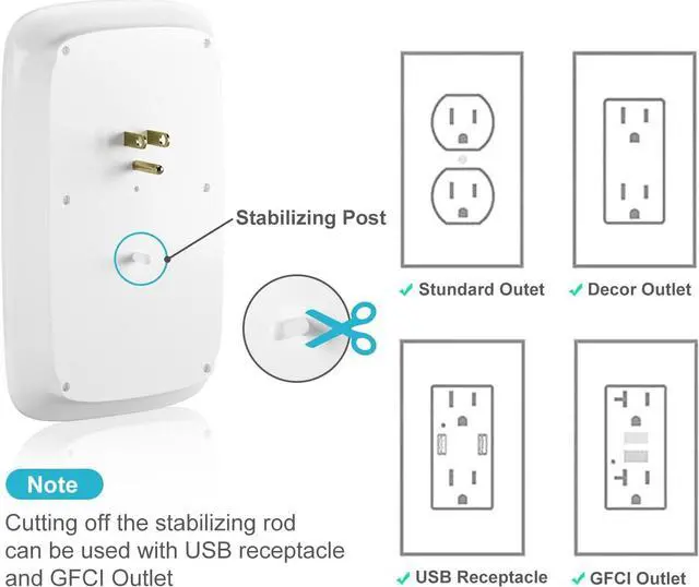 Alt view image 5 of 7 - Oviitech 6 Outlet Surge Protector,900 Joules Wall Adapter Tap with 2 USB Charger, Dual 3.1A USB Ports, 3-Prong Wall Mount Outlet Plugs,ETL Listed,White