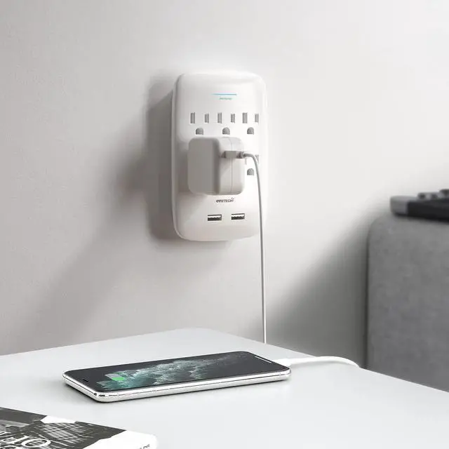Alt view image 6 of 7 - Oviitech 6 Outlet Surge Protector,900 Joules Wall Adapter Tap with 2 USB Charger, Dual 3.1A USB Ports, 3-Prong Wall Mount Outlet Plugs,ETL Listed,White