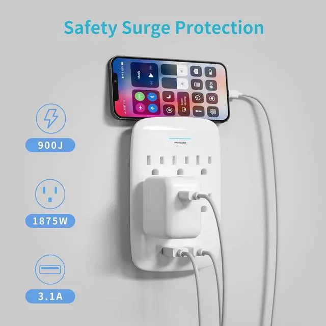 Alt view image 4 of 7 - Oviitech 6 Outlet Surge Protector,900 Joules Wall Adapter Tap with 2 USB Charger, Dual 3.1A USB Ports, 3-Prong Wall Mount Outlet Plugs,ETL Listed,White