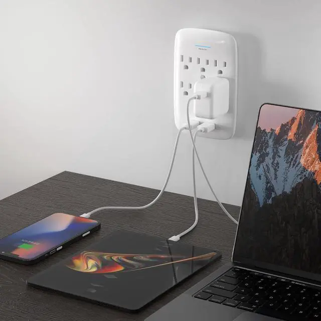 Alt view image 7 of 7 - Oviitech 6 Outlet Surge Protector,900 Joules Wall Adapter Tap with 2 USB Charger, Dual 3.1A USB Ports, 3-Prong Wall Mount Outlet Plugs,ETL Listed,White