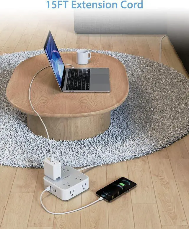 Alt view image 5 of 7 - Surge Protector Power Strip 15 Ft Cord, 8 Widely Spaced Outlets, 3 USB Charger(1 USB C Port), Ultra Thin Flat Plug Extension Cord 15 Feet, 900J Surge Protection for Home, Office, Dorm Room Essentials