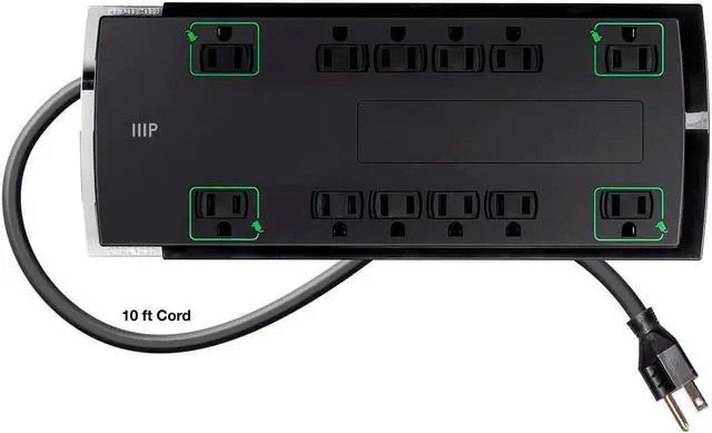Alt view image 3 of 6 - Monoprice 12 Outlet Slim Surge Protector Power Strip - 10 Feet - Black | Heavy Duty Cord | UL Rated, 4,230 Joules With Grounded And Protected Light Indicator