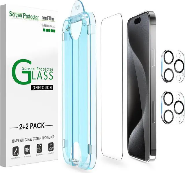 Main image of amFilm OneTouch 2+2 Pack Compatible with iPhone 15 Pro Screen Protector 6.1" Tempered Glass with Camera Lens Protector Accessories, Premium Easiest Installation Kit 9H HD, Case Friendly