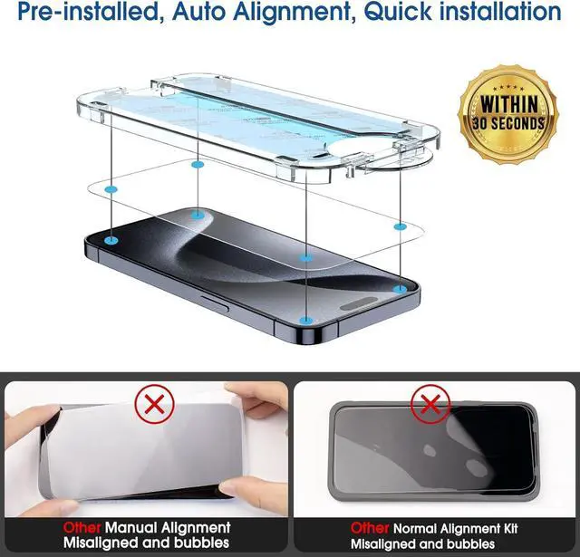 Alt view image 3 of 6 - amFilm OneTouch 2+2 Pack Compatible with iPhone 15 Pro Screen Protector 6.1" Tempered Glass with Camera Lens Protector Accessories, Premium Easiest Installation Kit 9H HD, Case Friendly