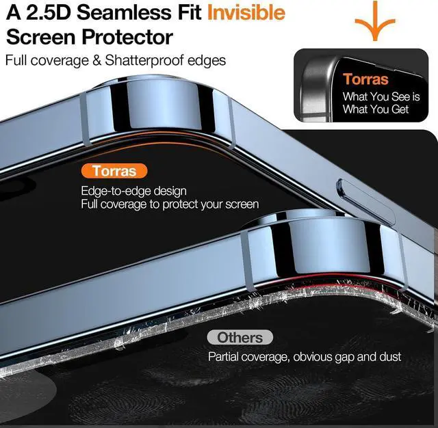 Alt view image 5 of 7 - TORRAS Diamond Shield for iPhone 15 Pro Screen Protector [Military-Grade Protection] 9H+ Unbreakable Shatterproof Aerospace Tempered Glass Full Coverage InstaFit Bubble-Free, 2-Pack