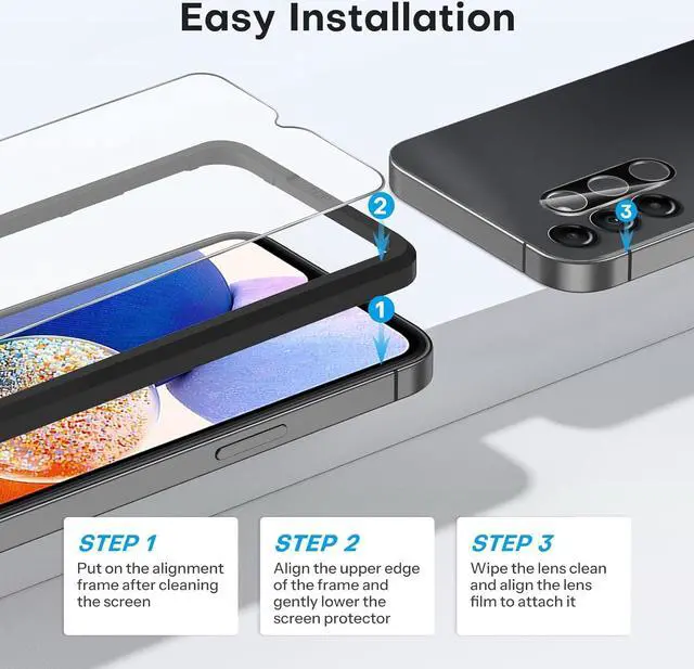 Alt view image 3 of 7 - OMOTON Screen Protector for Samsung Galaxy A14 5G, [3+2 Pack] for A14 screen protector & Camera Lens Protector, Case Friendly/Tempered Glass/Alignment Frame(6.6 Inch, 2023 Released)