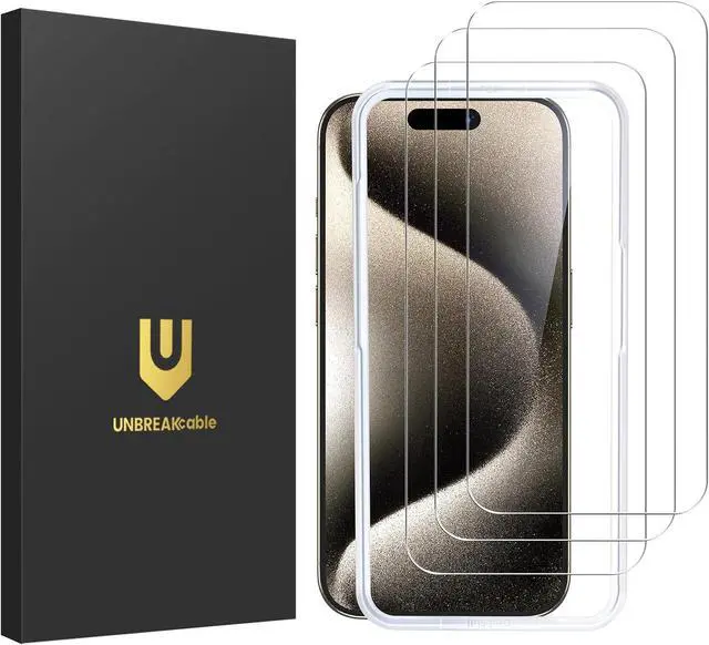 Main image of UNBREAKcable Shatterproof Tempered Glass Screen Protector for iPhone 15 Pro [3-Pack] [Easy Installation Frame] [9H Hardness] [99.99% HD Clear][Bubble Free] for Apple 6.1