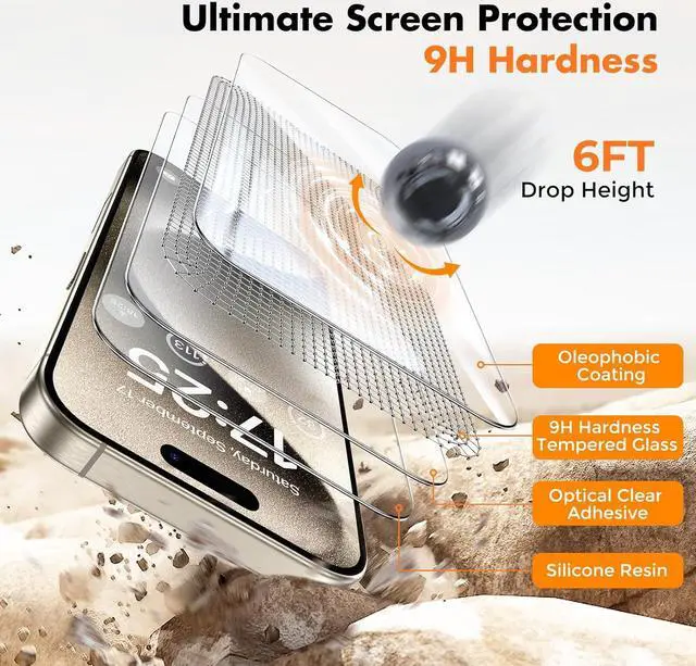 Alt view image 3 of 7 - UNBREAKcable Shatterproof Tempered Glass Screen Protector for iPhone 15 Pro [3-Pack] [Easy Installation Frame] [9H Hardness] [99.99% HD Clear][Bubble Free] for Apple 6.1