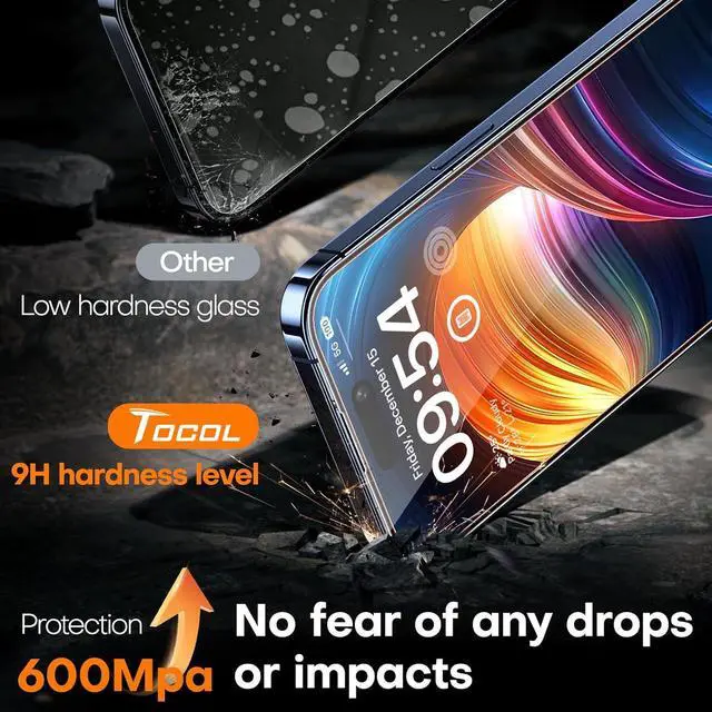 Alt view image 4 of 6 - TOCOL for iPhone 15 Screen Protector [Military Grade Shatterproof] HD Tempered Glass for iPhone 15 Full Coverage Screen Protector, Anti-Fingerprint, Easy Installation, 2 Packs