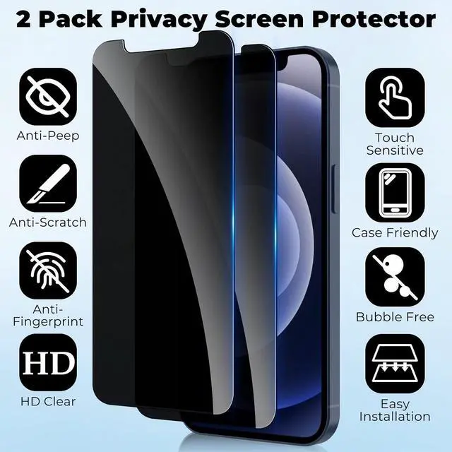 Alt view image 2 of 7 - [2 Pack] Privacy Screen Protector for iPhone 12/12 Pro 6.1 inch, Anti-Spy Screen Protector iPhone 12 / iPhone 12 Pro Tempered Glass Film Shatterproof Touch Sensitive Bubble Free