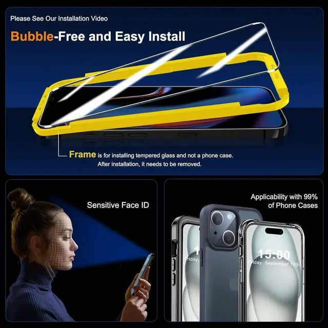 Alt view image 6 of 7 - QHOHQ 3 Pack Screen Protector for iPhone 15 [6.1 Inch] with 3 Pack Camera Lens Protector, Tempered Glass Film, HD Clear, 9H Hardness, No Bubbles, Case Friendly