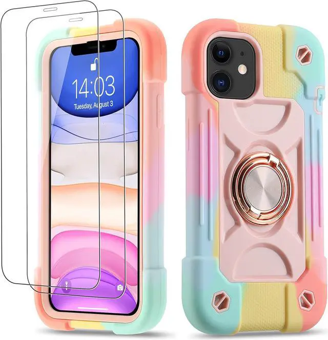 Main image of for iPhone 11 Case 6.1 Inch with Ring Stand, with 2 Pack Glass Screen Protector Heavy-Duty Shockproof Rugged Military Grade Cover with Magnetic Car Mount for iPhone 11 (Rainbow Pink)
