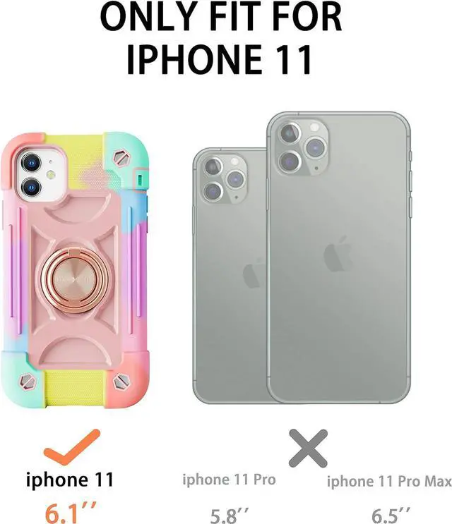 Alt view image 2 of 7 - for iPhone 11 Case 6.1 Inch with Ring Stand, with 2 Pack Glass Screen Protector Heavy-Duty Shockproof Rugged Military Grade Cover with Magnetic Car Mount for iPhone 11 (Rainbow Pink)