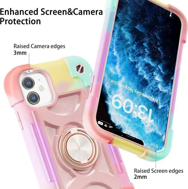 Alt view image 3 of 7 - for iPhone 11 Case 6.1 Inch with Ring Stand, with 2 Pack Glass Screen Protector Heavy-Duty Shockproof Rugged Military Grade Cover with Magnetic Car Mount for iPhone 11 (Rainbow Pink)