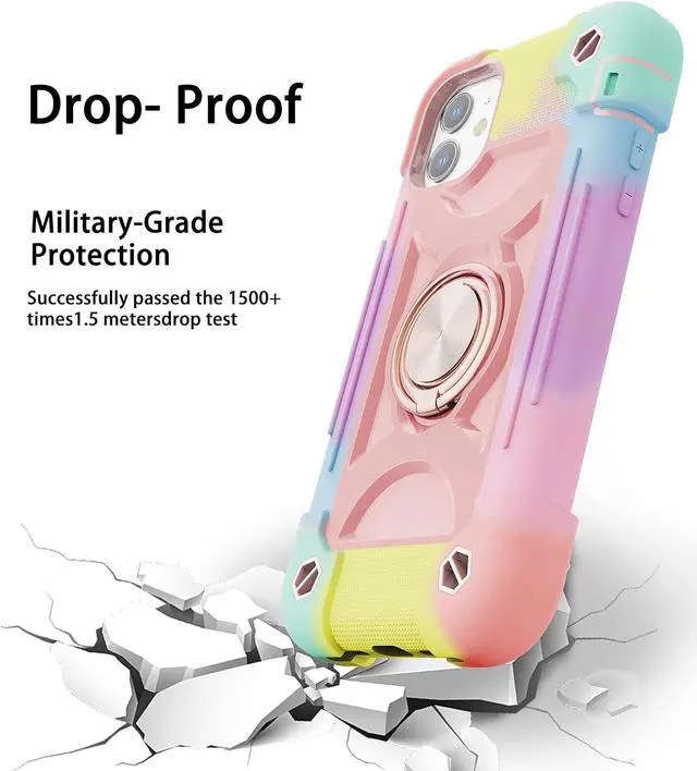 Alt view image 5 of 7 - for iPhone 11 Case 6.1 Inch with Ring Stand, with 2 Pack Glass Screen Protector Heavy-Duty Shockproof Rugged Military Grade Cover with Magnetic Car Mount for iPhone 11 (Rainbow Pink)