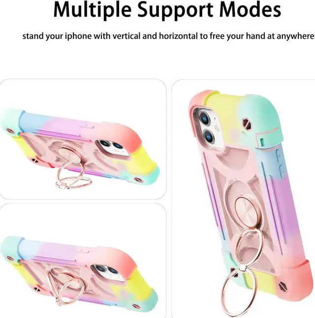 Alt view image 7 of 7 - for iPhone 11 Case 6.1 Inch with Ring Stand, with 2 Pack Glass Screen Protector Heavy-Duty Shockproof Rugged Military Grade Cover with Magnetic Car Mount for iPhone 11 (Rainbow Pink)