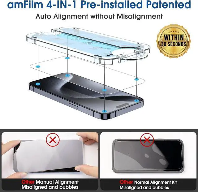 Alt view image 2 of 7 - amFilm Easiest Installation OneTouch for iPhone 15 Pro Max Screen Protector [6.7 Inch] Tempered Glass + Camera Lens Protector, Auto-Alignment Tech, Bubble Free, Case Friendly, Anti-Scratch [2+2 Pack]