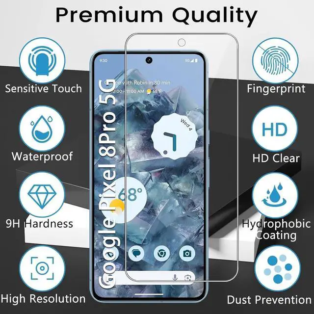 Alt view image 3 of 7 - 4 Pack for Google Pixel 8 Pro Screen Protector with 4 Pack Camera Lens Protector, 9H Tempered Glass Film Anti-Fingerprint Case Friendly Bubble Free