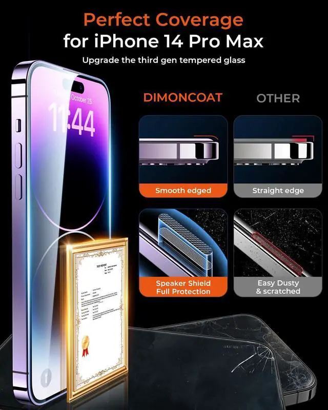 Alt view image 3 of 7 - DIMONCOAT 4 Packs [Auto Alignment Kit] Screen Protector for iPhone 14 Pro Max 6.7'' with 2 Packs Camera Protector [10X Military Protection] Tempered Glass HD Film, Case Friendly
