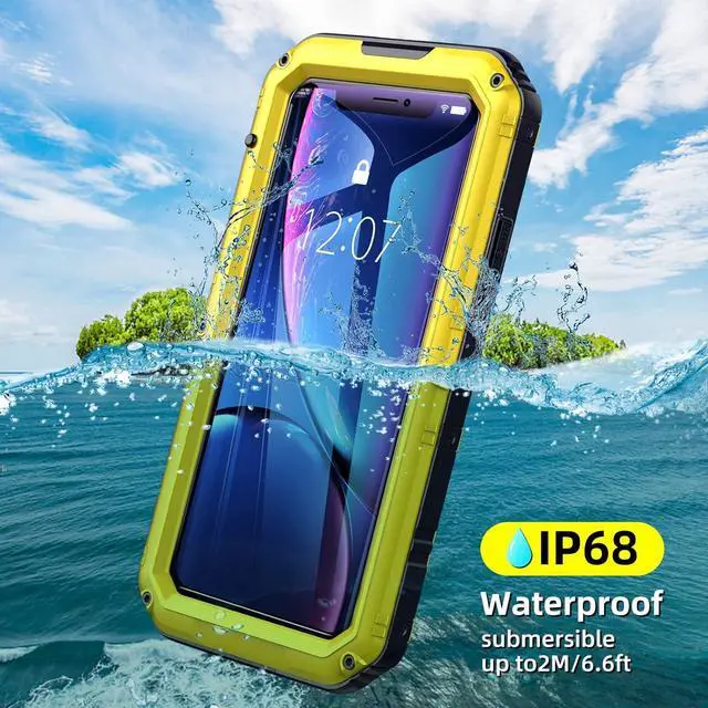 Alt view image 3 of 7 - Beasyjoy iPhone XR Metal Case, Waterproof Heavy Duty Case with Built-in Screen Protector, Full Body Protective Shockproof Tough Rugged Military Grade Defender Outdoor Case(Yellow)