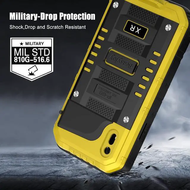 Alt view image 5 of 7 - Beasyjoy iPhone XR Metal Case, Waterproof Heavy Duty Case with Built-in Screen Protector, Full Body Protective Shockproof Tough Rugged Military Grade Defender Outdoor Case(Yellow)