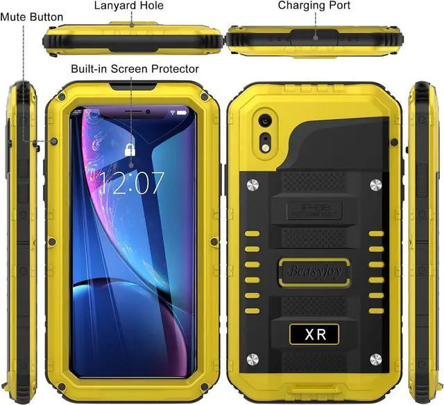 Alt view image 6 of 7 - Beasyjoy iPhone XR Metal Case, Waterproof Heavy Duty Case with Built-in Screen Protector, Full Body Protective Shockproof Tough Rugged Military Grade Defender Outdoor Case(Yellow)